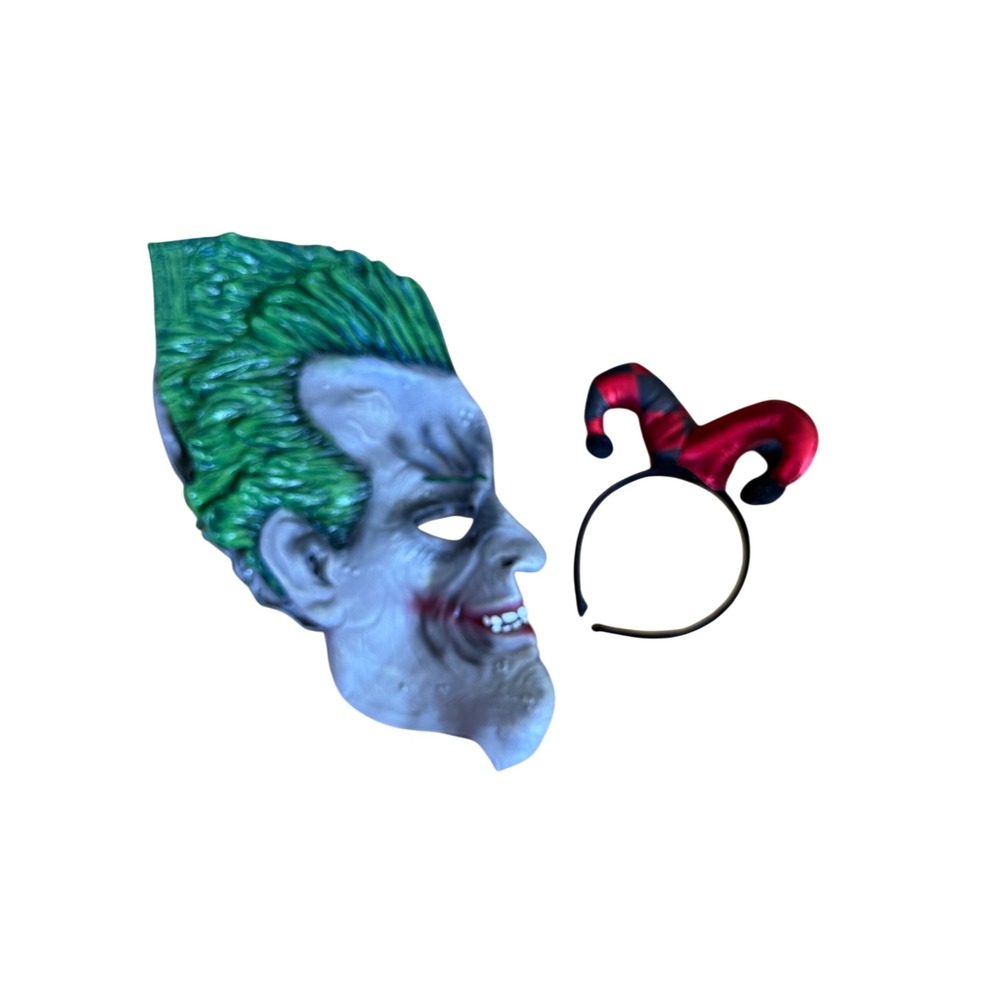 DC Comics Joker Latex Mask and Harley Quinn Jester Headband Costume Set